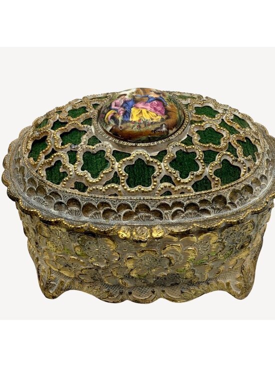 Mele Other - VTG Mele Musical Trinket Jewelry Box Sankyo Gold Filigree Green Velvet  Japan